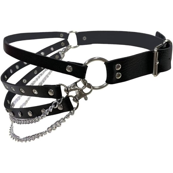Women Leather Punk Belt O-Rings Chains Gothic Strap Adjustable Waist Accessory
